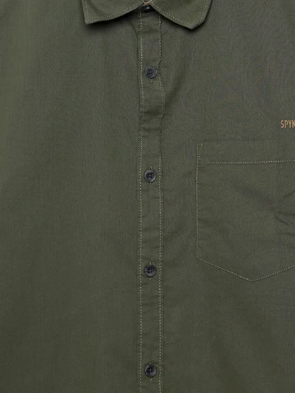 Spykar dark gree cotton plain shirt