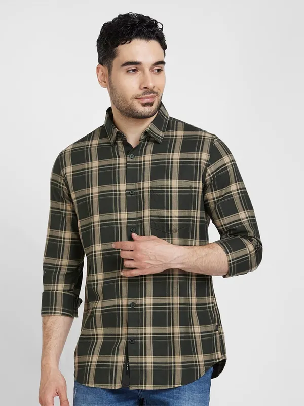 Spykar dark green checks shirt