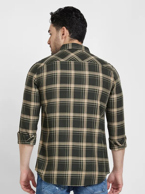 Spykar dark green checks shirt