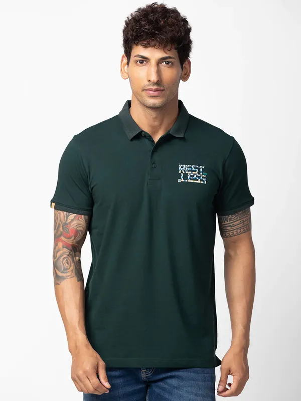 Spykar dark green cotton t shirt