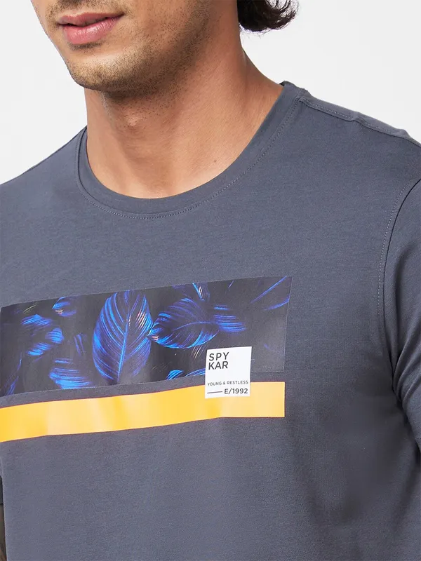 Spykar dark grey cotton t shirt in printed