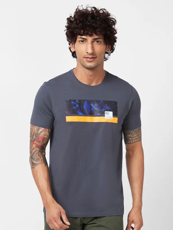 Spykar dark grey cotton t shirt in printed