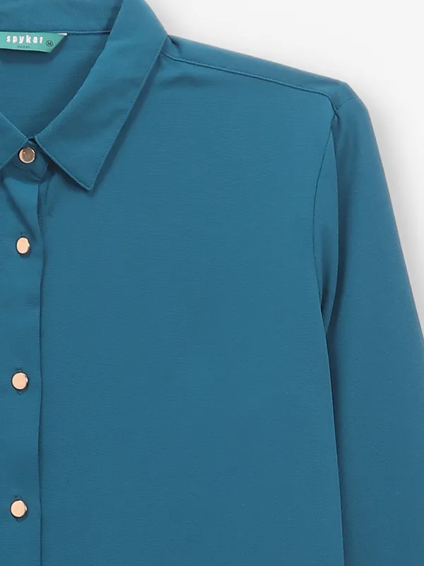 SPYKAR georgette plain shirt in teal blue