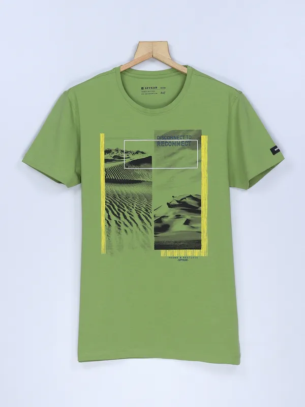 Spykar green cotton printed t shirt