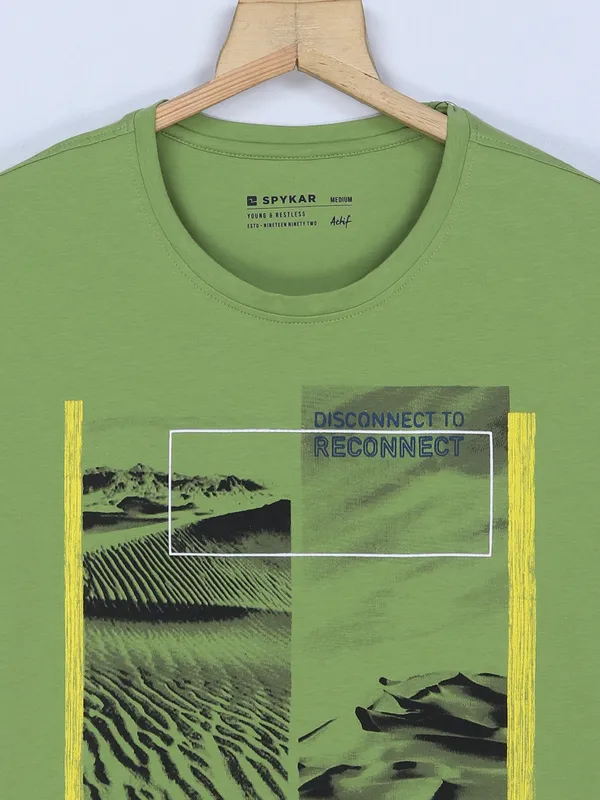 Spykar green cotton printed t shirt