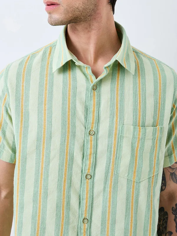SPYKAR green striped cotton slim fit mens casual shirt