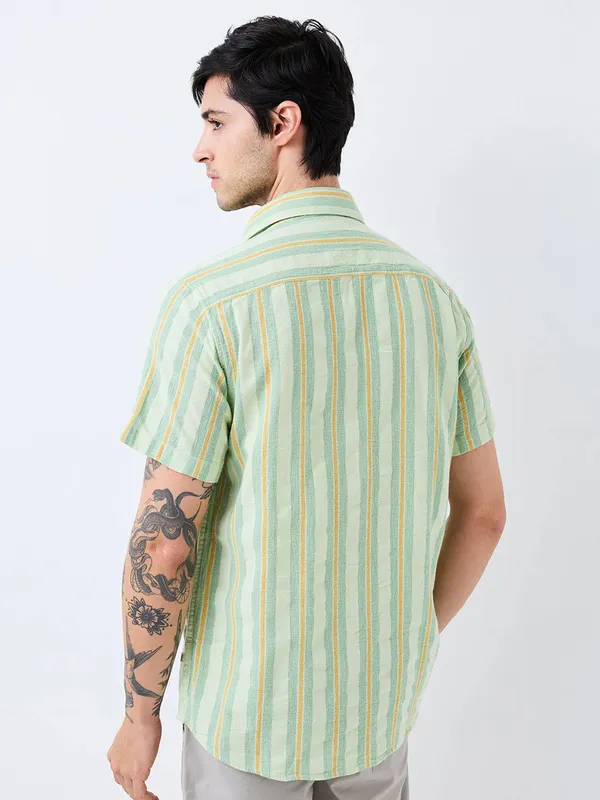 SPYKAR green striped cotton slim fit mens casual shirt