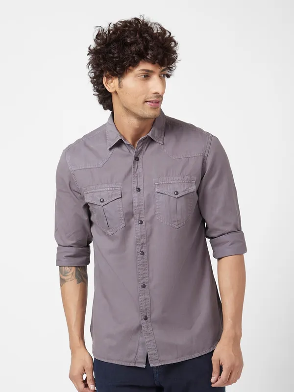 Spykar grey plain denim shirt