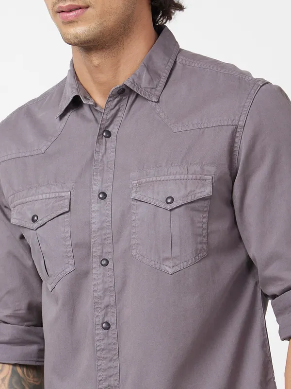Spykar grey plain denim shirt