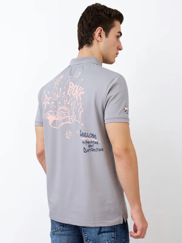 SPYKAR grey printed slim fit mens polo t-shirt