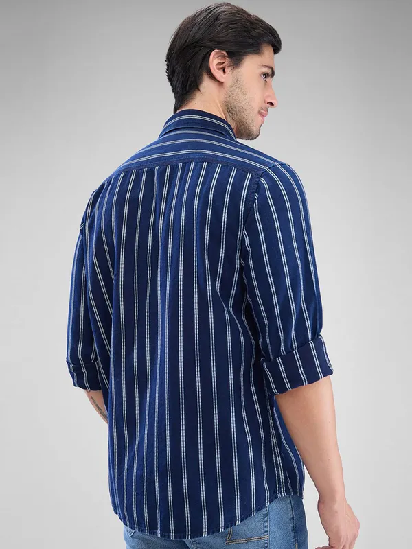 SPYKAR indigo blue vertical striped cotton shirt