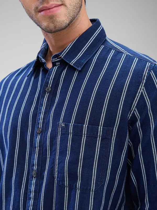 SPYKAR indigo blue vertical striped cotton shirt
