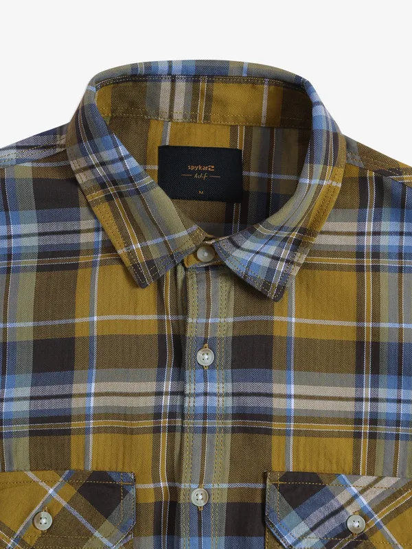 Spykar khaki cotton checks shirt