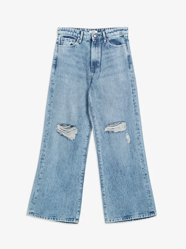 Spykar light blue ripped wide leg jeans