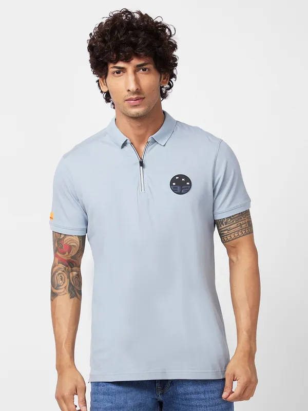 Spykar light grey plain cotton t shirt