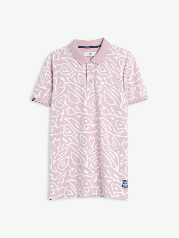 Spykar light pink printed polo t shirt