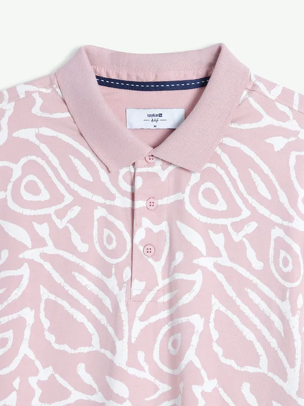 Spykar light pink printed polo t shirt