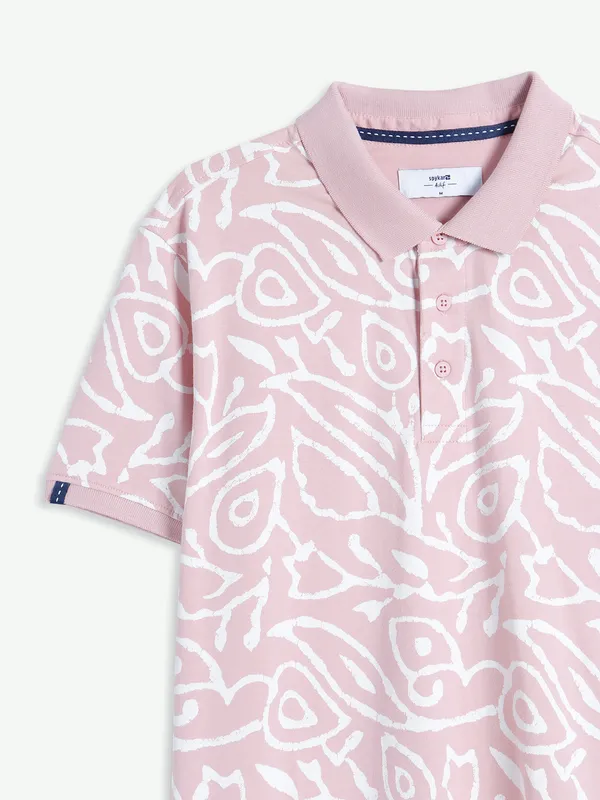 Spykar light pink printed polo t shirt