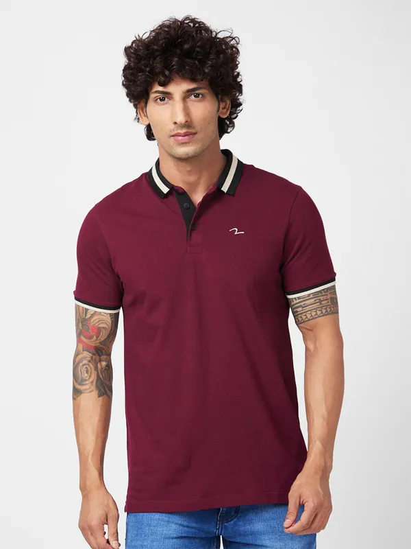 Spykar maroon plain slim fit t shirt