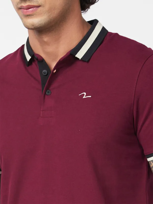 Spykar maroon plain slim fit t shirt