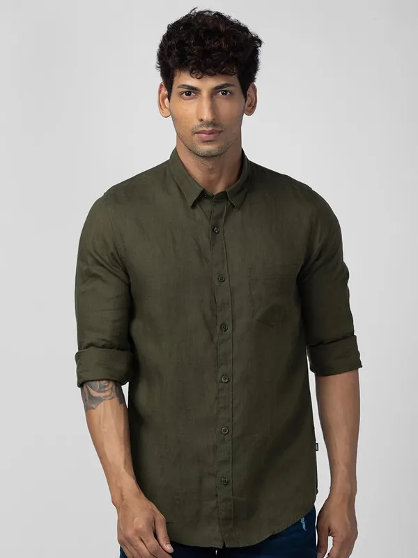 Spykar military green plain linen shirt