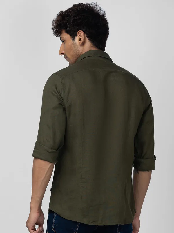 Spykar military green plain linen shirt