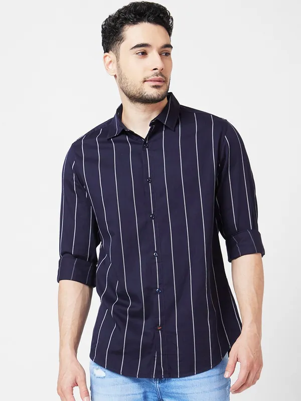 Spykar navy cotton stripe shirt