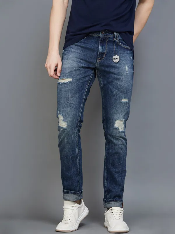 Spykar navy washed ripped slim fit jeans