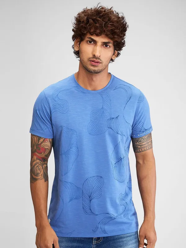SPYKAR ocean blue printed cotton t-shirt