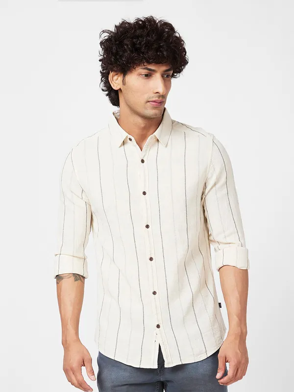 Spykar off white stripe cotton shirt