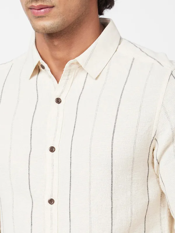 Spykar off white stripe cotton shirt