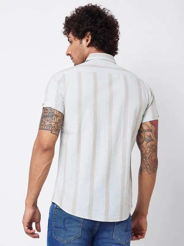 SPYKAR off white stripe half sleeves shirt