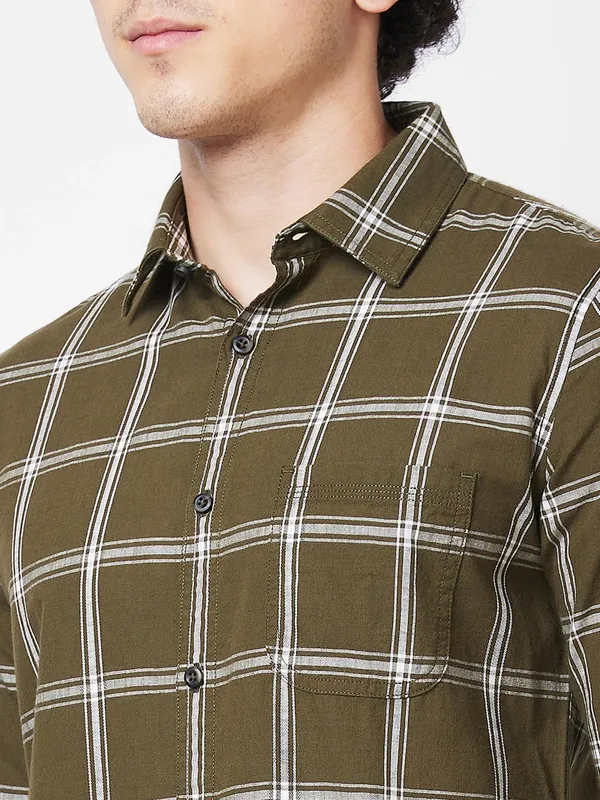 SPYKAR olive checks cotton shirt