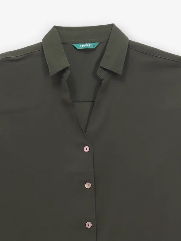 SPYKAR olive plain shirt in cotton for women