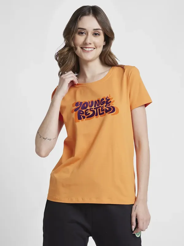 Spykar orange printed cotton t shirt