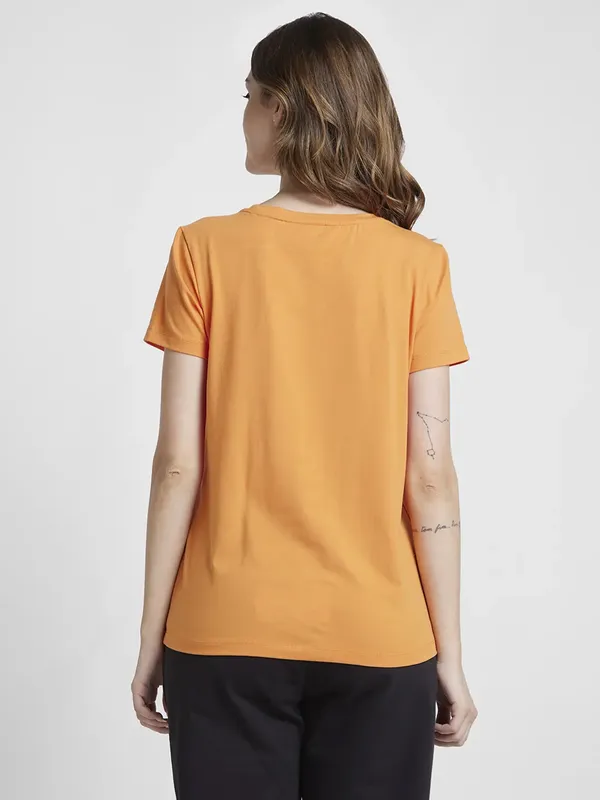 Spykar orange printed cotton t shirt