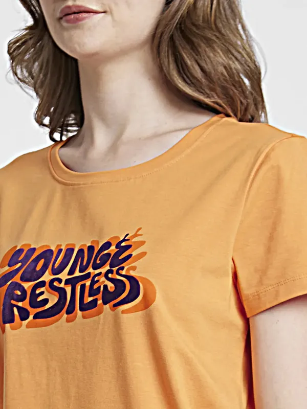 Spykar orange printed cotton t shirt