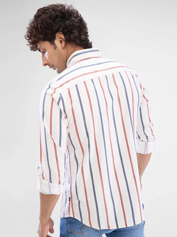 SPYKAR peach and blue striped cotton casual shirt