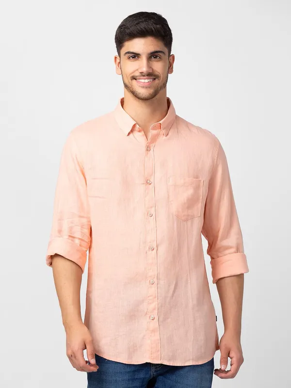 Spykar peach plain linen shirt