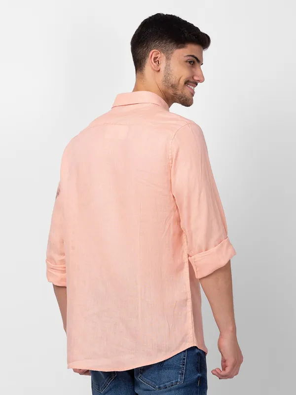 Spykar peach plain linen shirt