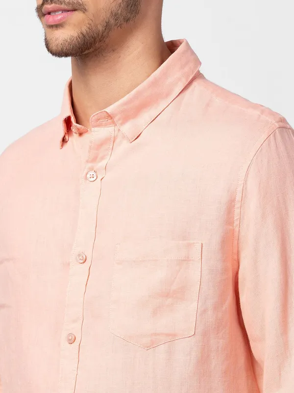 Spykar peach plain linen shirt