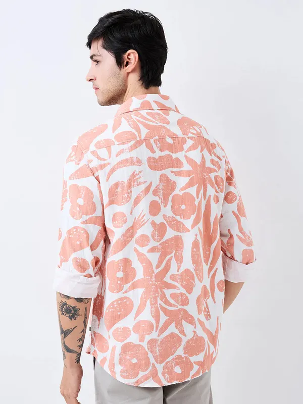 SPYKAR peach printed cotton casual shirt for men