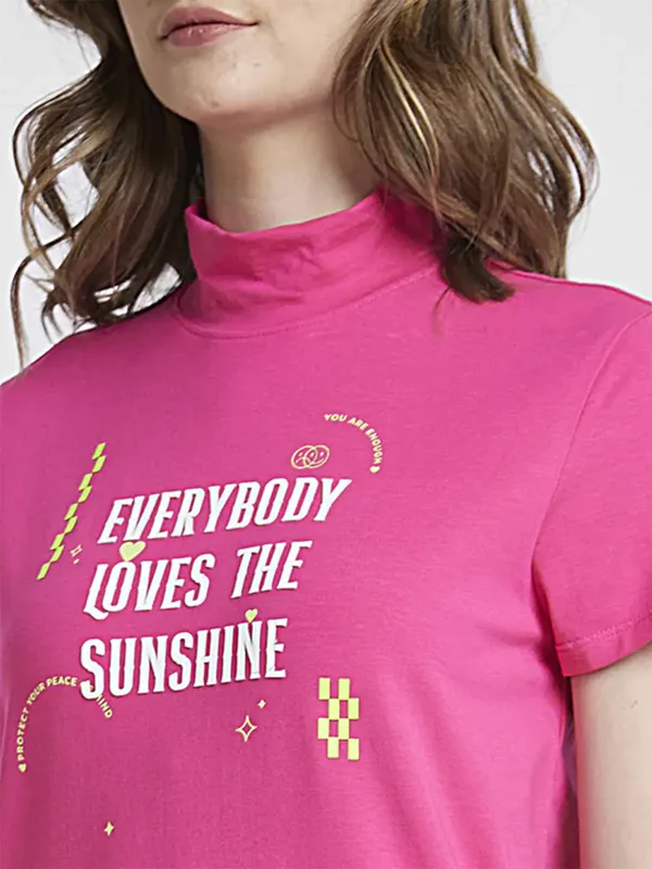 Spykar pink printed high neck t shirt