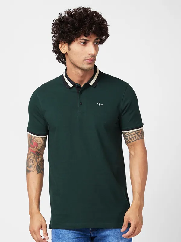 Spykar plain bottle green t shirt