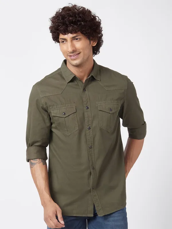 Spykar plain denim military green shirt