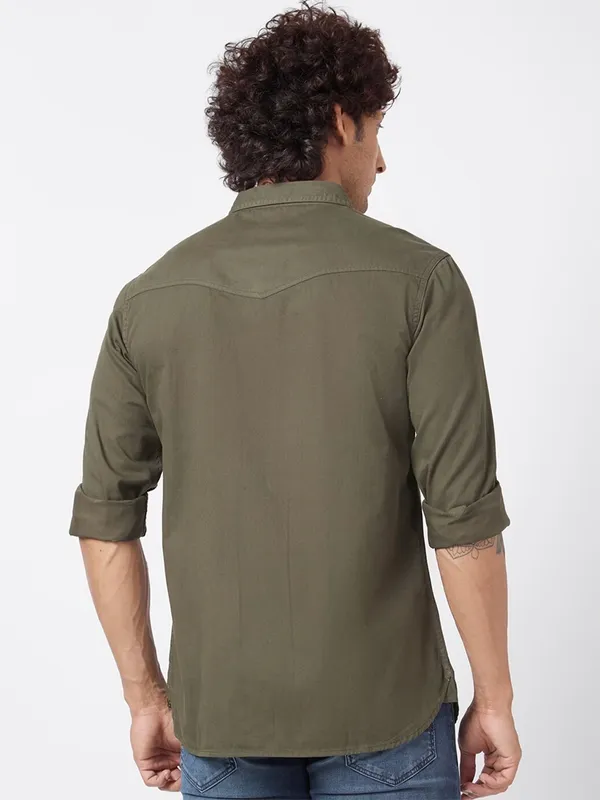 Spykar plain denim military green shirt