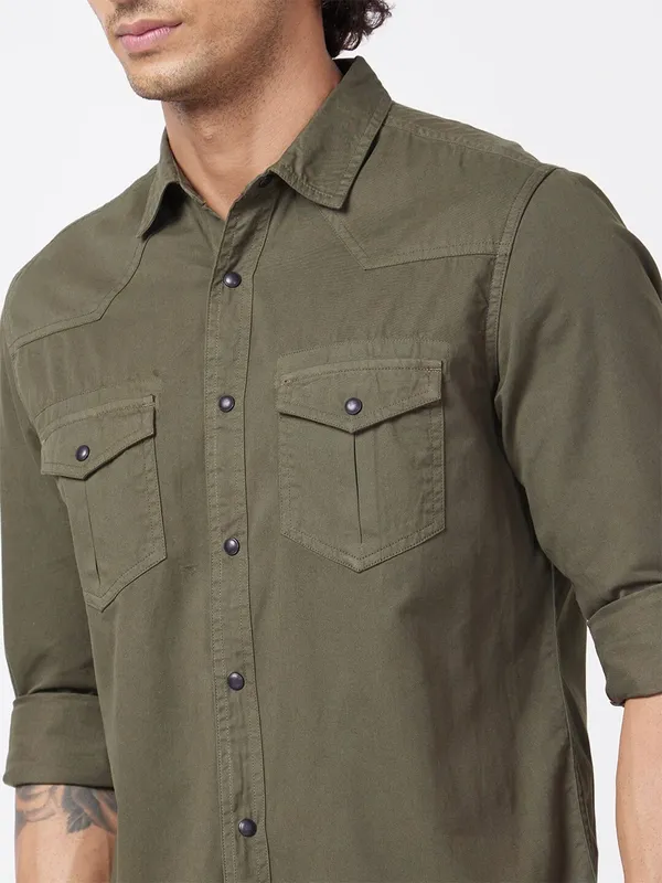 Spykar plain denim military green shirt