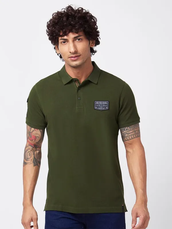 Spykar plain moss green polo t shirt