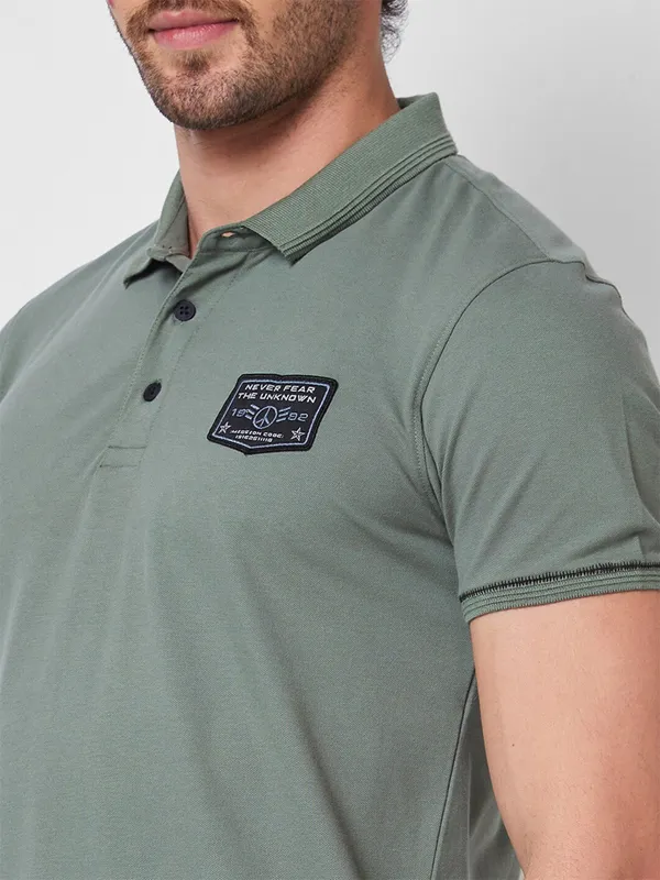 SPYKAR plain sage green cotton polo t-shirt