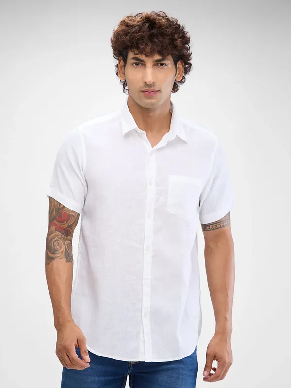SPYKAR plain white casual linen shirt